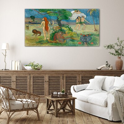 Paradise landscape with characters Glass Wall Art