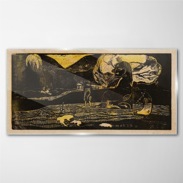 Golden landscapes and mysterious figures Glass Wall Art
