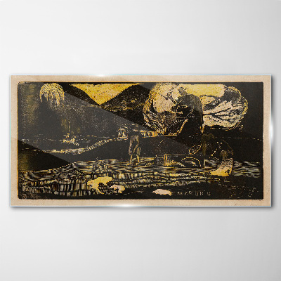 Golden landscapes and mysterious figures Glass Wall Art