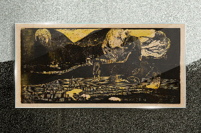 Golden landscapes and mysterious figures Glass Wall Art