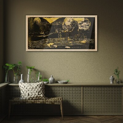 Golden landscapes and mysterious figures Glass Wall Art