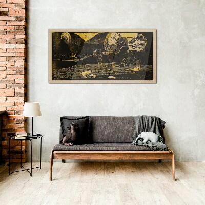 Golden landscapes and mysterious figures Glass Wall Art