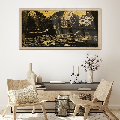Golden landscapes and mysterious figures Glass Wall Art