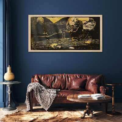 Golden landscapes and mysterious figures Glass Wall Art