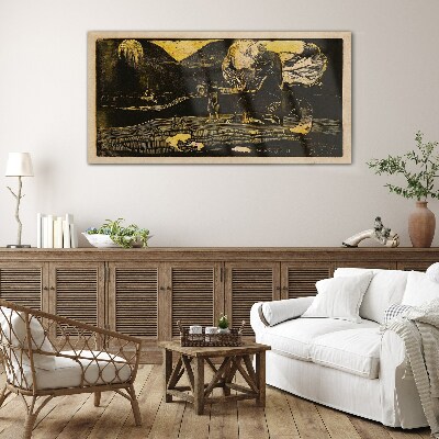 Golden landscapes and mysterious figures Glass Wall Art