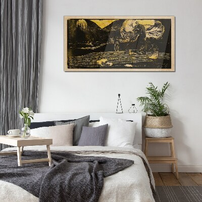 Golden landscapes and mysterious figures Glass Wall Art