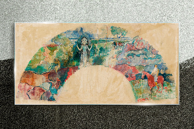 Colorful scene with a figure in a landscape Glass Wall Art