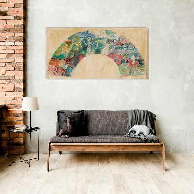 Colorful scene with a figure in a landscape Glass Wall Art