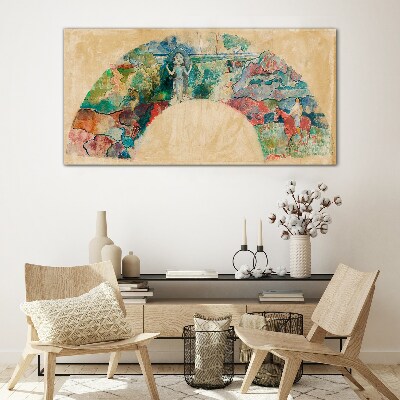 Colorful scene with a figure in a landscape Glass Wall Art
