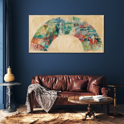 Colorful scene with a figure in a landscape Glass Wall Art