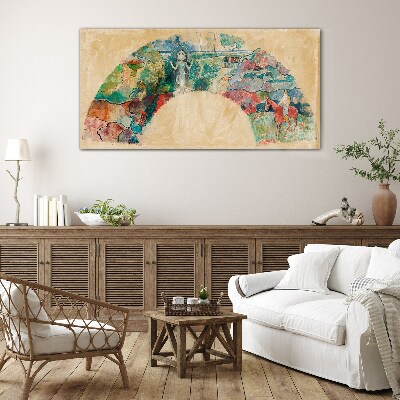 Colorful scene with a figure in a landscape Glass Wall Art