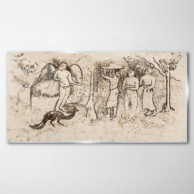 Mythological scenes with angel and animals Glass Wall Art