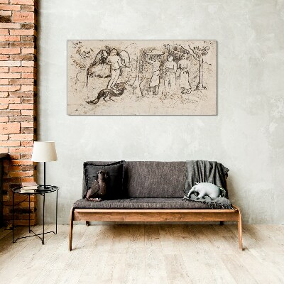 Mythological scenes with angel and animals Glass Wall Art