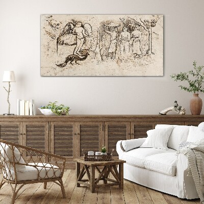 Mythological scenes with angel and animals Glass Wall Art