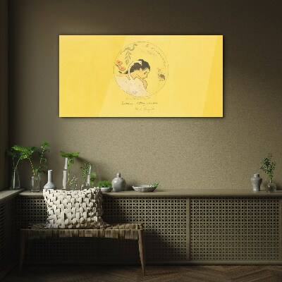 Portrait of a woman in a yellow background Glass Wall Art