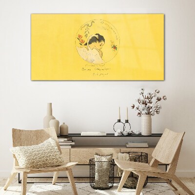 Portrait of a woman in a yellow background Glass Wall Art