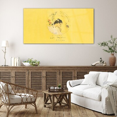 Portrait of a woman in a yellow background Glass Wall Art