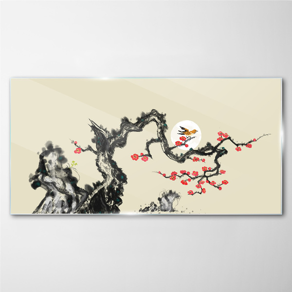 Flower scene with bird Glass Wall Art