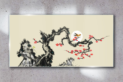 Flower scene with bird Glass Wall Art