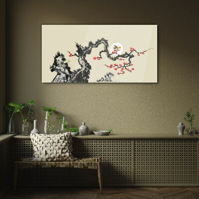 Flower scene with bird Glass Wall Art