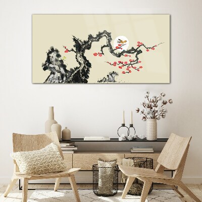 Flower scene with bird Glass Wall Art