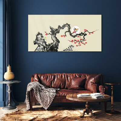 Flower scene with bird Glass Wall Art