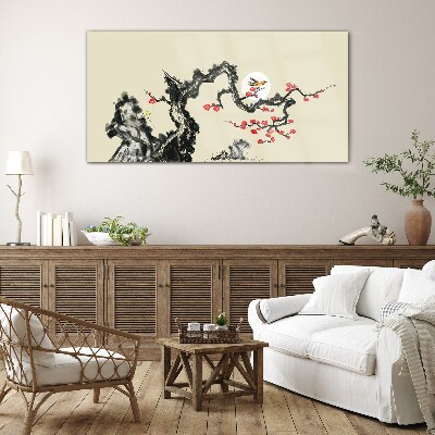 Flower scene with bird Glass Wall Art
