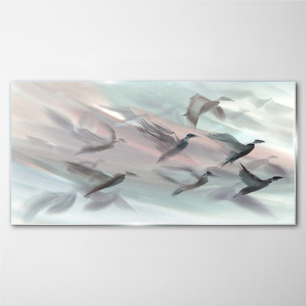 Flight of birds in a pastel aura Glass Wall Art