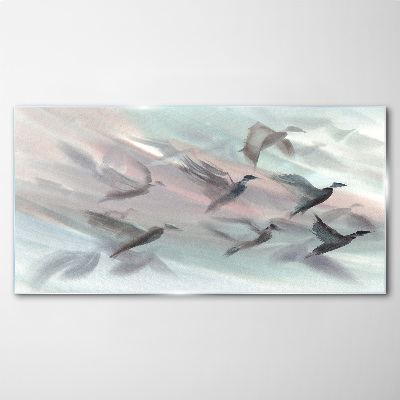 Flight of birds in a pastel aura Glass Wall Art