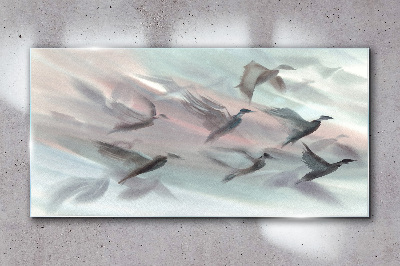 Flight of birds in a pastel aura Glass Wall Art