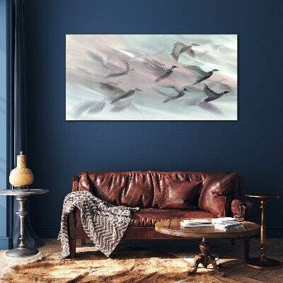 Flight of birds in a pastel aura Glass Wall Art