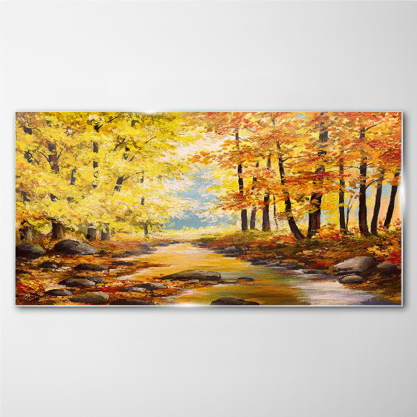 Autumn scenery with a river Glass Wall Art