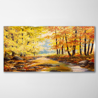 Autumn scenery with a river Glass Wall Art