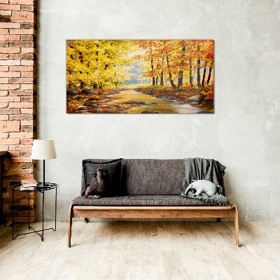 Autumn scenery with a river Glass Wall Art