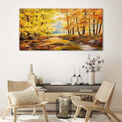 Autumn scenery with a river Glass Wall Art