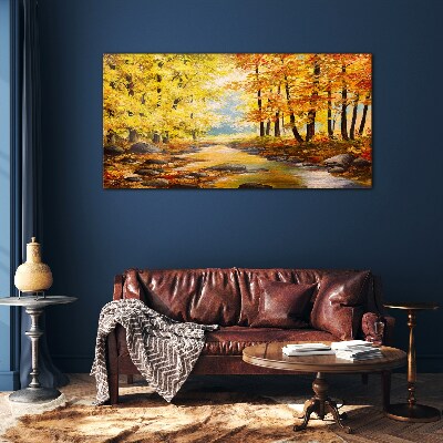 Autumn scenery with a river Glass Wall Art