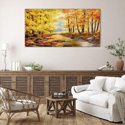 Autumn scenery with a river Glass Wall Art