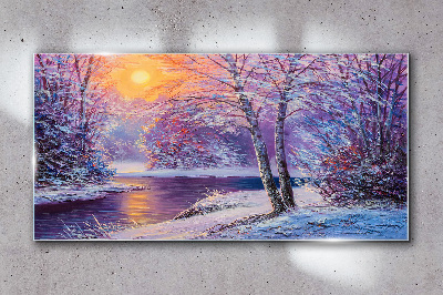 Winter forest river sunset Glass Wall Art
