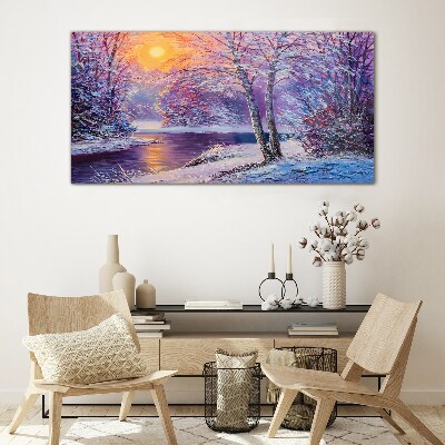 Winter landscape in the morning Glass Wall Art