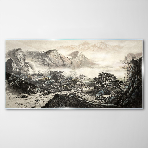Misty mountain valley Glass Wall Art