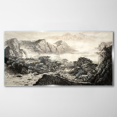 Chinese mountains trees Glass Wall Art