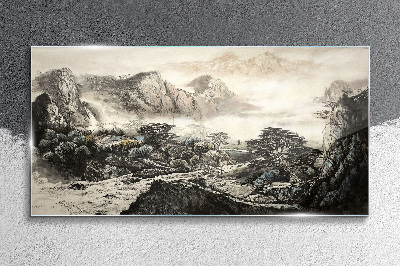 Misty mountain valley Glass Wall Art