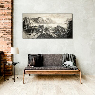 Misty mountain valley Glass Wall Art
