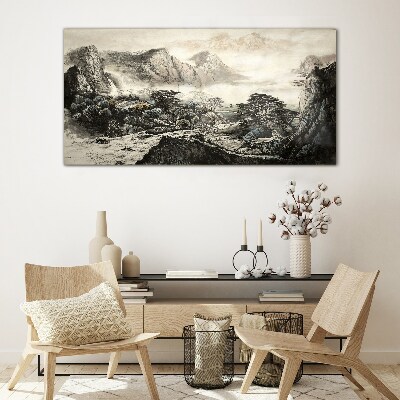Chinese mountains trees Glass Wall Art
