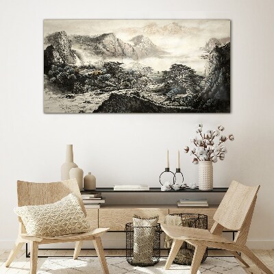 Misty mountain valley Glass Wall Art