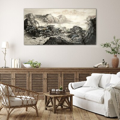 Misty mountain valley Glass Wall Art