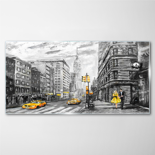 New York street in yellow cabs Glass Wall Art