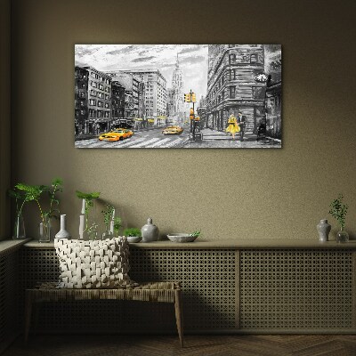 New York street in yellow cabs Glass Wall Art