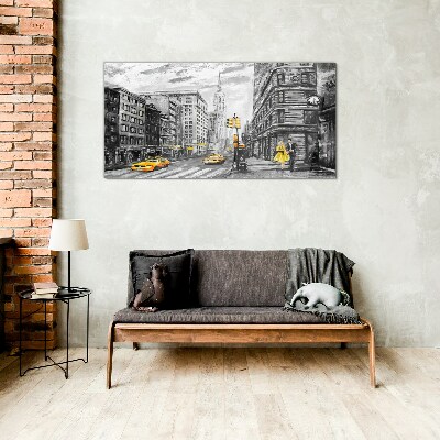 New York street in yellow cabs Glass Wall Art