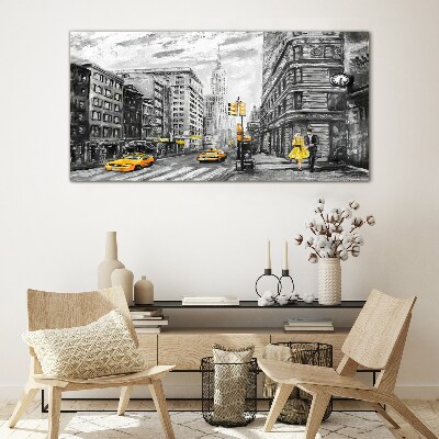 New York street in yellow cabs Glass Wall Art